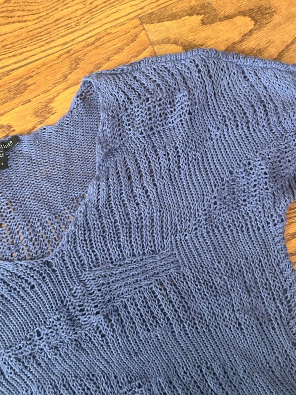 Eileen Fisher Blue Angel Cotton Metallic Stitch Crochet Sweater Top Size Small - Picture 8 of 13